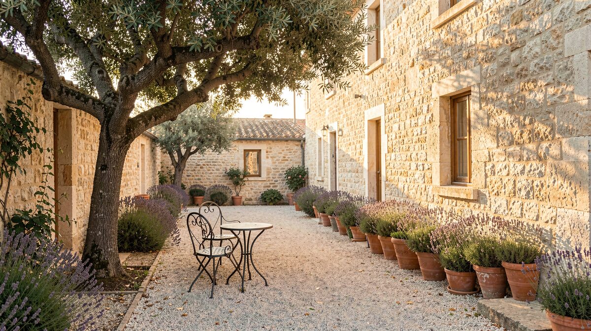 Cour d'un mas provençal en pierre claire, olivier, table de jardin en fer forgé et pots de lavande alignés le long de la façade